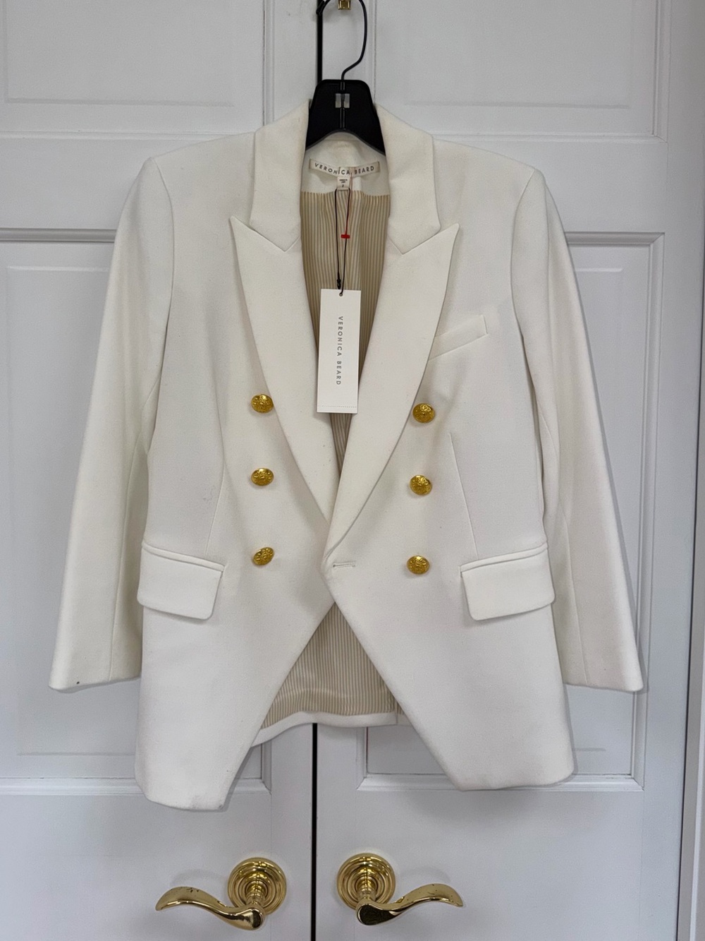 Veronica Beard Cream Double-Breasted Blazer with Gold Buttons
